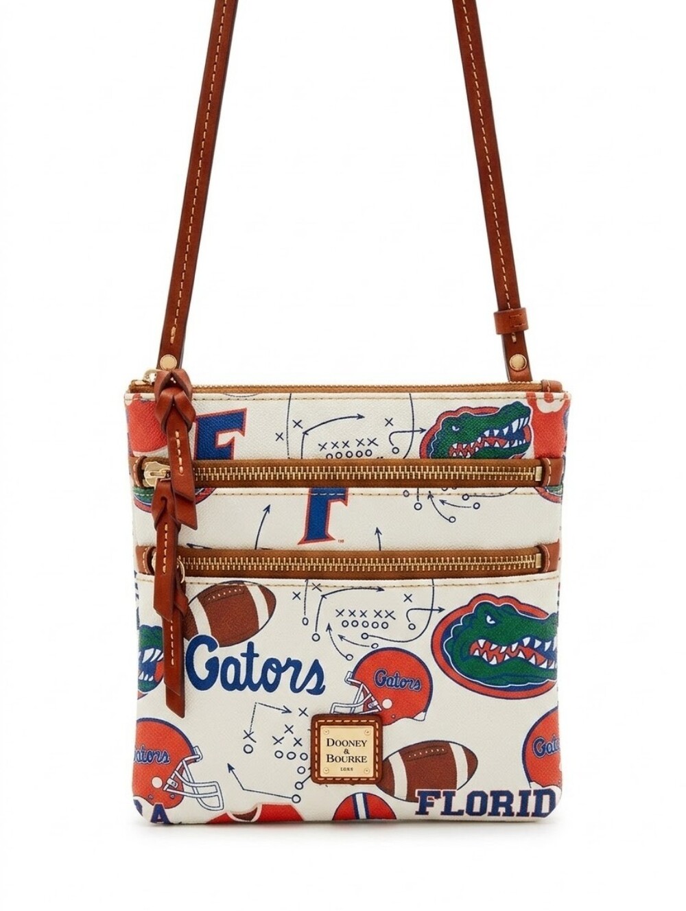 Dooney & Bourke White Florida Gators Print Triple Zip Crossbody with Brown Strap
